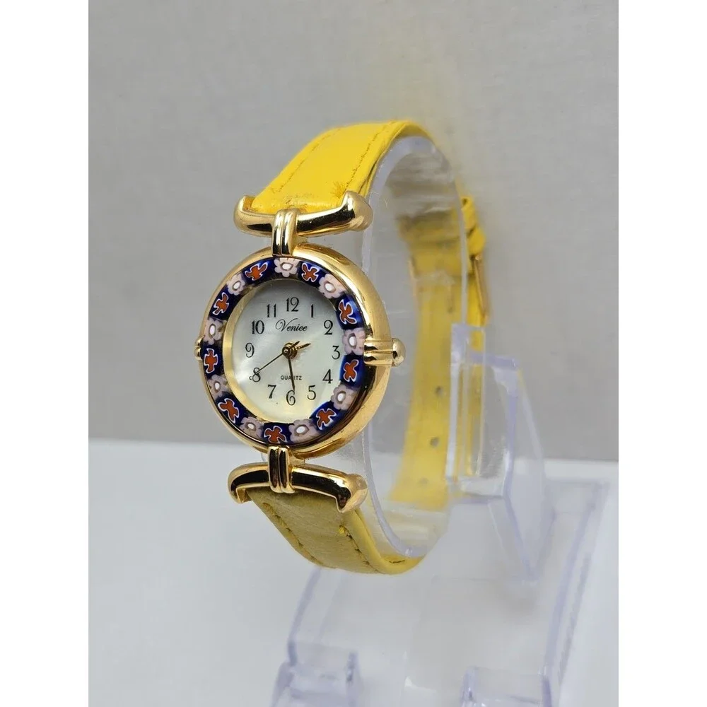 Venice Art Glass Murano Millefiori Gold Tone Yellow Round Wristwatch New Battery